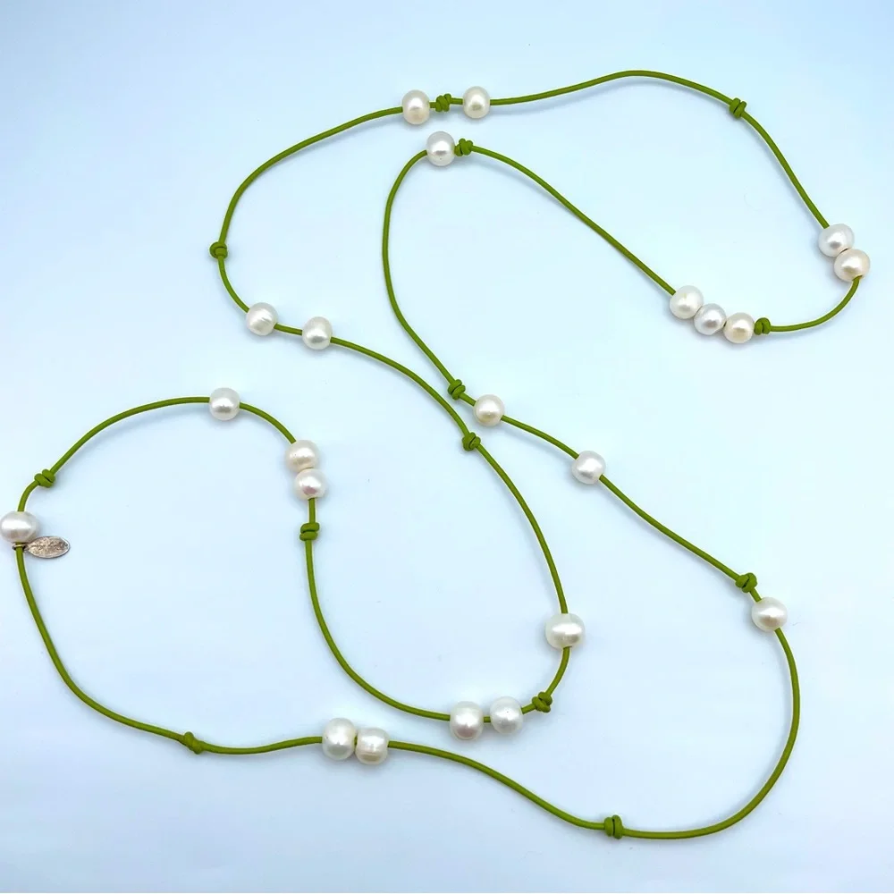 Stunning Tiffany Anne Freshwater Pearl Green Leather Necklace 27”
